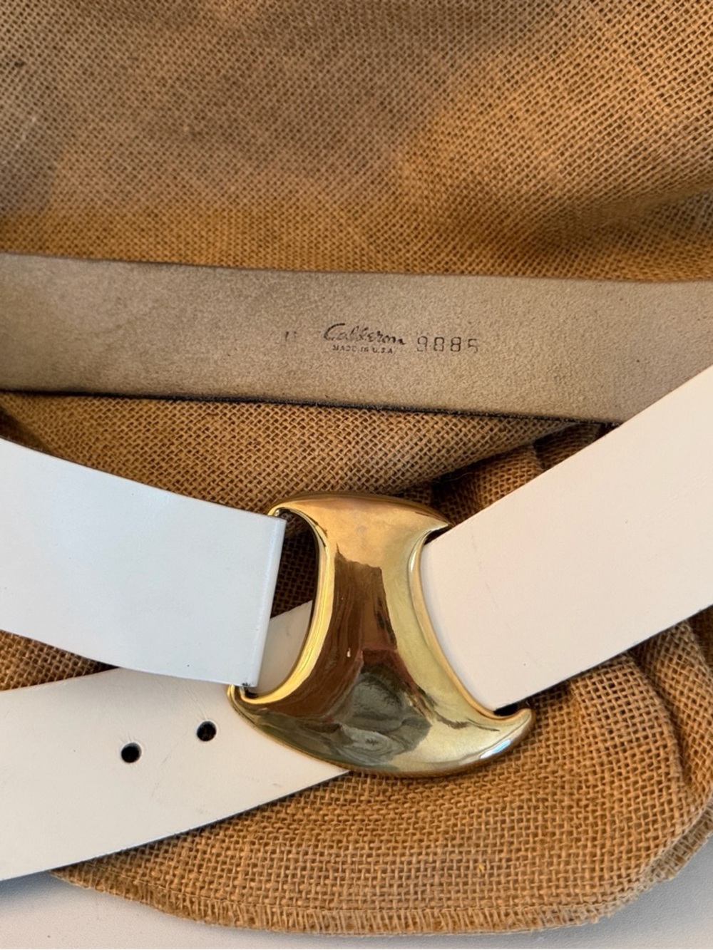 Vintage 80s Calderon USA Made White Leather  Belt Gold Buckle Size M GUC Blues